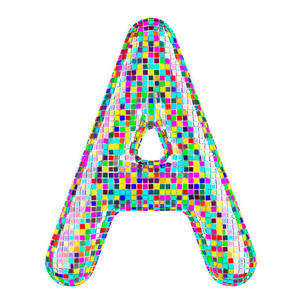 Mosaic font, letter A from vivid mosaic pieces. 3D rendering isolated on white background