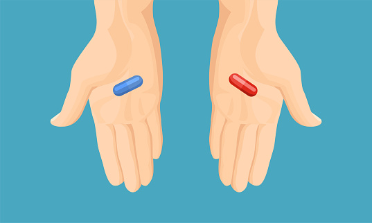 Red and blue pill in hands. Choice concept. Vector cartoon illustration.