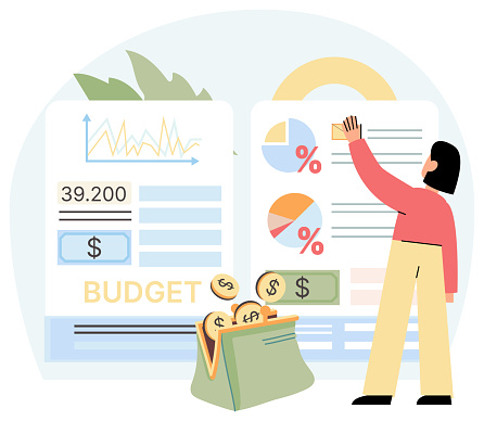 People analysis budget. Calculate financial plan of save income and expense management. Company budget allocation for business or project management. Effective and smart budgeting, education