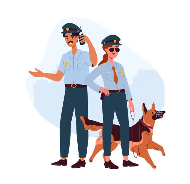 Vector illustration of Two policeman with dog vector
