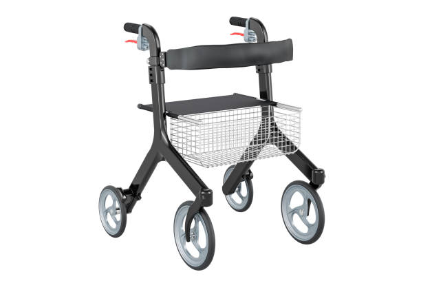istock Rollator for elderly, manual and Lockable Brakes with basket, seat and 4 wheels. 3D rendering 1885199082