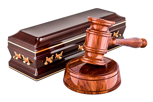 Coffin with Wooden Gavel, 3D rendering isolated on white background