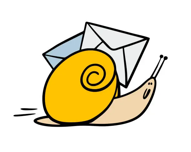 Vector illustration of Snail crawls and carries letters. The postman and correspondence. Vector illustration of an insect from the delivery service going to the post office or to the recipient to hand over an envelope.
