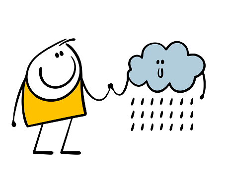 Two friends holding hands. Cartoon friendly rain cloud stickman. Vector illustration of good weather and acceptance of the situation.