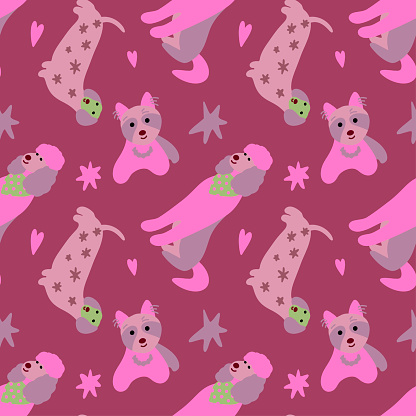 Cute dogs of different breeds. Vector seamless pattern. Cartoon dogs with stars.