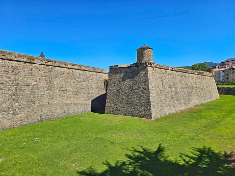 Jaca - Spain, August 8, 2023: exterior of the citadel of Jaca, an Italian-style fortress located in the Huesca city of Jaca, built in 1592 under the auspices of Philip II