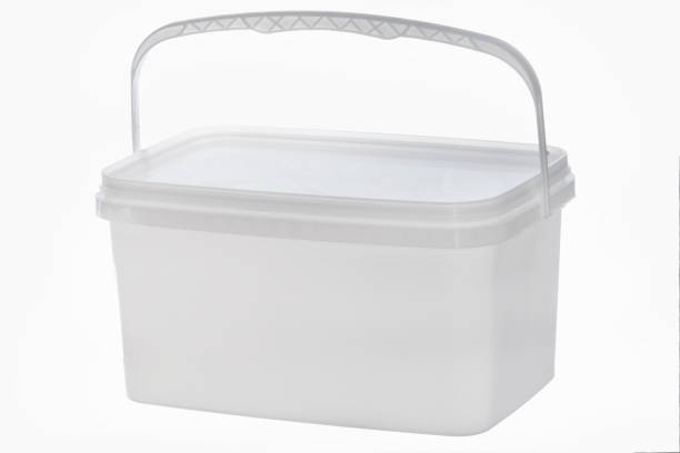 istock White plastic bucket with handle up on white background. Isolated 1885229178