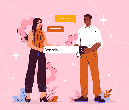 People with search bar concept. Man and woman looking for information. Internet searching system. Young guy and girl with online knowledges. Cartoon flat vector illustration isolated on pink backdrop