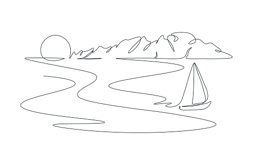 Sailing boat or yacht floating on lake. Drawing landscape with one continuous line. Mountains and sea beach with lagoon. Sunset in single continuous line. Editable stroke. Simple illustration.