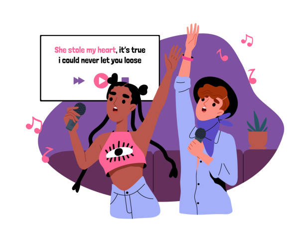 ilustraciones, imágenes clip art, dibujos animados e iconos de stock de gente en el concepto vectorial de karaoke - singing singer teenager contest
