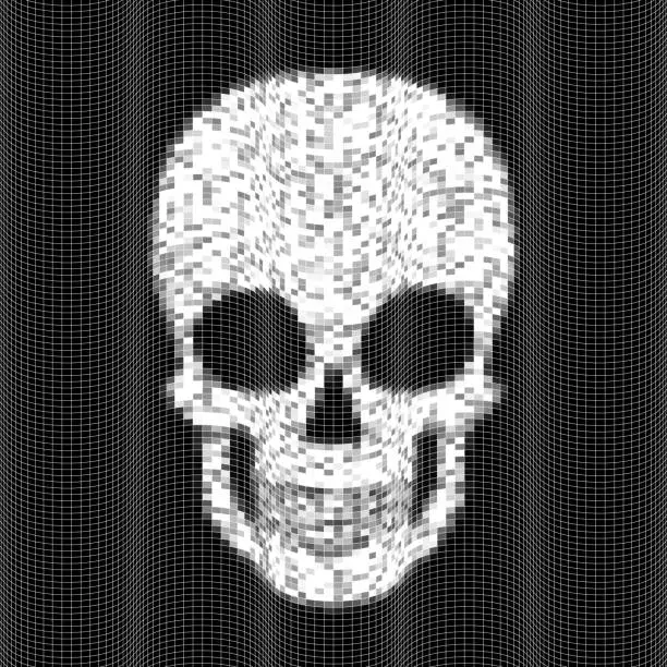 Vector illustration of Half tone skeleton skull on 3D wireframe surface