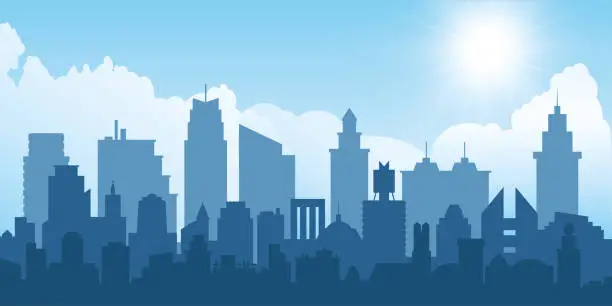 Vector illustration of Modern city landscape with skycrapers and blue sunny sky in summer