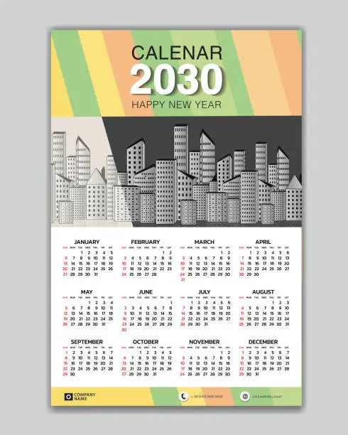 Vector illustration of Wall calendar 2030 year geometric template vector with Place for Photo and Logo. Week Starts on sunday. desk calendar 2030 design, Set of 12 Months, printing media, poster, calendar 2030 design