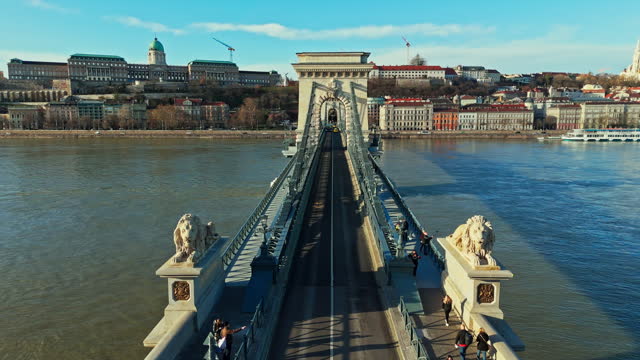 Drone Shot of Széchenyi Chain Bridge Over Danube River by Cityscape During Sunny Day at Budapest,Hungary