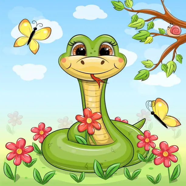 Vector illustration of Cute cartoon green snake in nature.