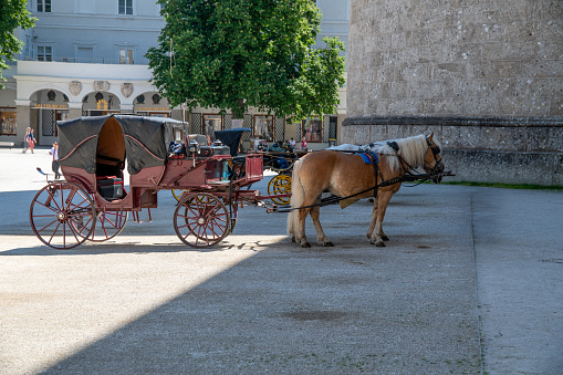 Salzburg, Salzburg - Austria - 06-17-2021: An old-fashioned, covered carriage with a brown horse in Salzburg for city tours and general rental