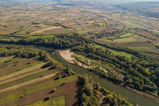 defaultAerial view of agricultural fields and hills somewhere in Serbia