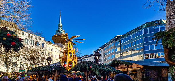 Munich, Germany - Dec 18, 2023: Christmas market at Rindermarkt in Munich, Bavaria, Germany in Europe