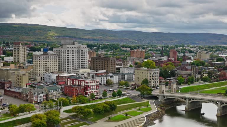 Leftward Orbiting Drone Shot of Wilkes-Barre, Pennsylvania on Overcast Day