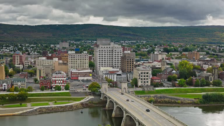 Leftward Flying Drone Shot of Wilkes-Barre, Pennsylvania on Overcast Day