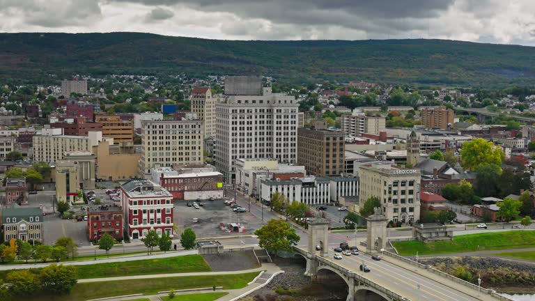 Retreating Aerial Shot of Wilkes-Barre, Pennsylvania, on Overcast Day