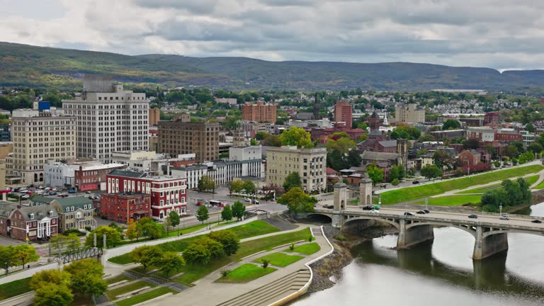 Establishing Aerial Shot of Wilkes-Barre, Pennsylvania on Overcast Day