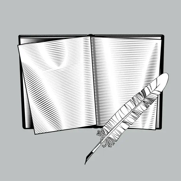 Vector illustration of Old open book with blank pages and pen for writing