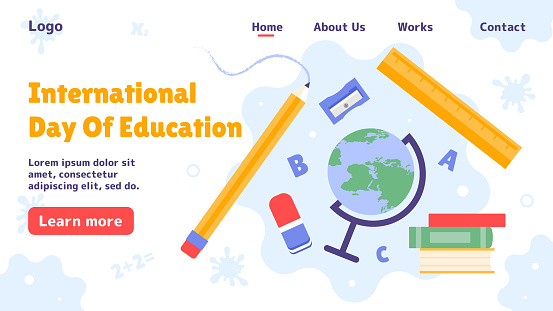 International Day of Education poster. Landing page design. Pencil near eraser and globe, yellow ruler. Training and learning. Knowledge and wisdom. Cartoon flat vector illustration