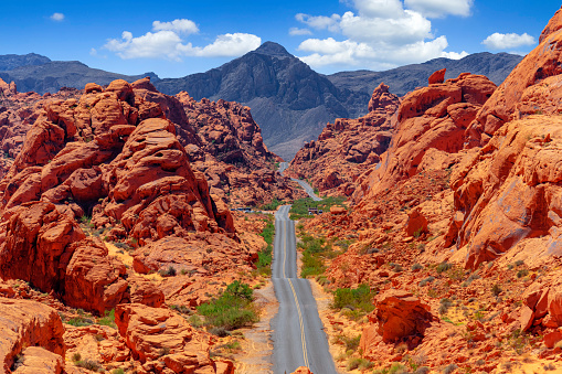 Road in Valley of Fire, Nevada in evening light. View from Mouse's Tank.