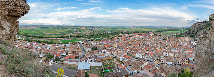 Panoramic of the town of Falces de Navarra from above on a sunny day, Spain