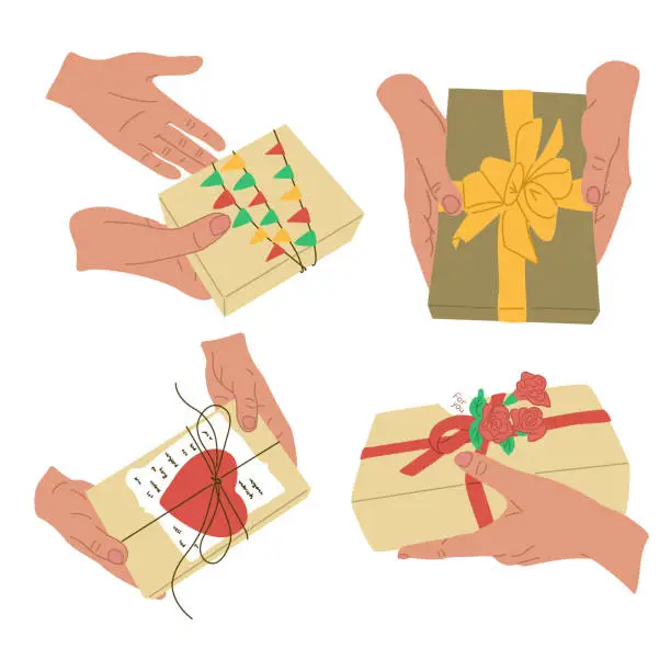 Vector illustration of Set of female elegant hands with gifts on holiday