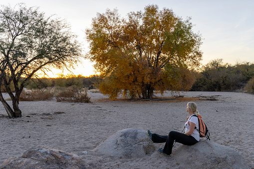 Mature woman watches sunset through trees from dry creek bed