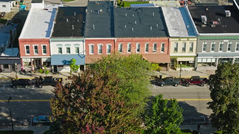 Rightward Drone Shot of Main Street in Small Town in Michigan