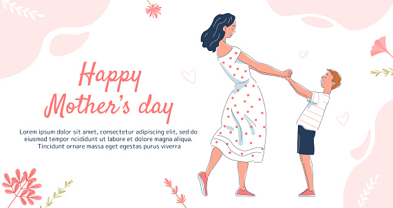 Happy mothers day poster. Woman with kid. Parenthood and childhood. Love and care, protection. Young girl holding sons hands. International holiday and festival. Cartoon flat vector illustration