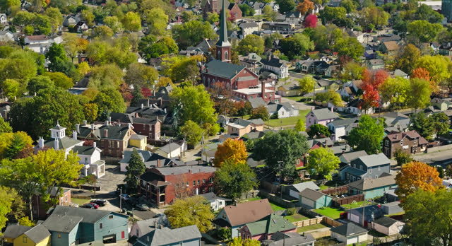 Aerial Shot of Church in Historic Inner East, Dayton, Ohio