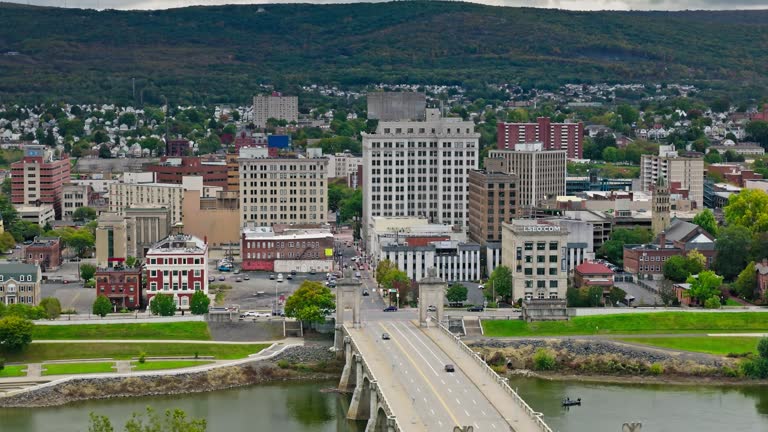 Rightward Ascending Aerial of Wilkes-Barre, Pennsylvania on Overcast, Fall Day