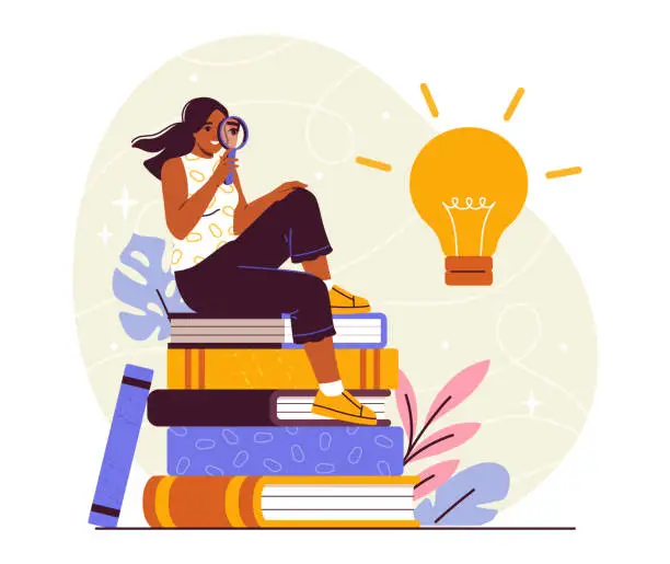 Vector illustration of Woman sit at stack of books vector