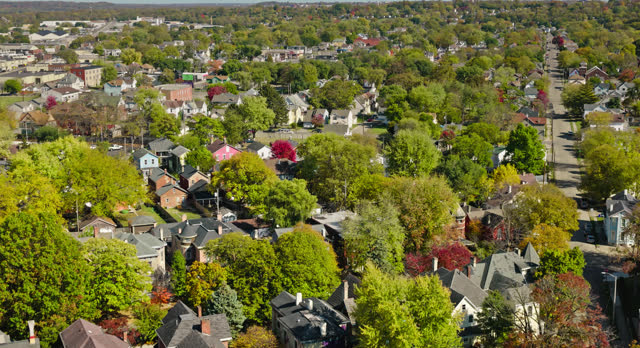 Drone Flight over Dayton Neighborhood Streets on Clear Day in Ohio