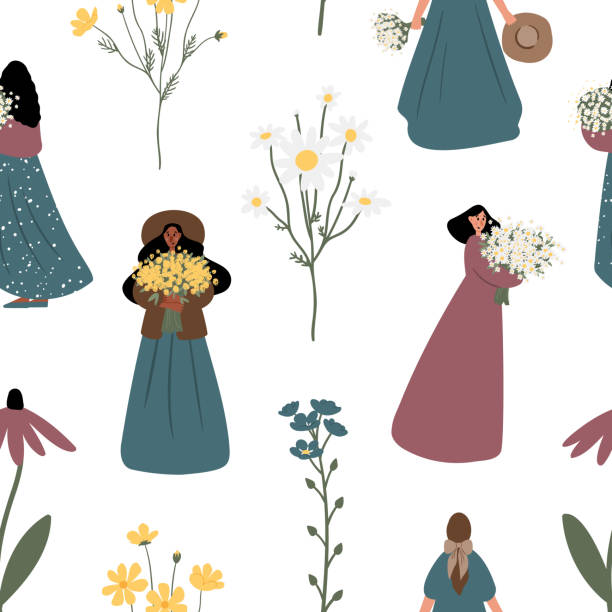 illustrazioni stock, clip art, cartoni animati e icone di tendenza di modello senza soluzione di continuità di fiori selvatici, carta digitale floreale, clipart di illustrazione della donna, clipart di sfondo cottagecore, illustrazione vettoriale in stile cartone animato piatto. - lupin cartoon