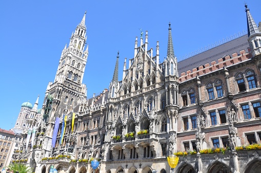Town hall at the Marienplatz in Munich, Bavaria, Germany. Tower clock of the Marienplatz town hall architecture in location famous place square in European city Munich