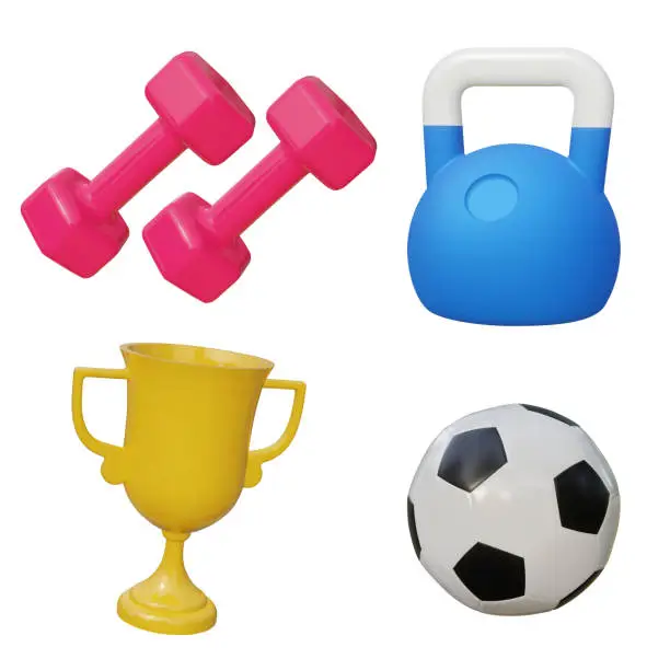 Vector illustration of Set 3d sport icon equipment. Vector illustration. Set include football trophy for winner award, soccer ball, dumbbell