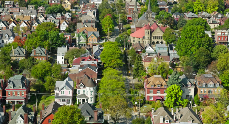 Forward Flying Birdseye Shot of Residential Neighborhood in Pittsburgh