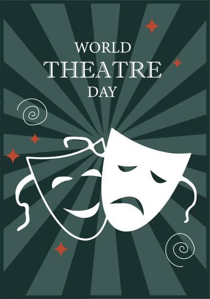 World theater day vector poster World theater day poster. Booklet and flyer, leaflet. Masks with silhouette. International holiday 23 March. Cultural rest and leisure. Social networks cover. Cartoon flat vector illustration play day stock illustrations