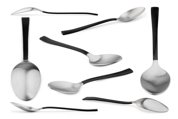 istock Silver spoon isolated on white, different sides. Kitchen utensil 1885438618
