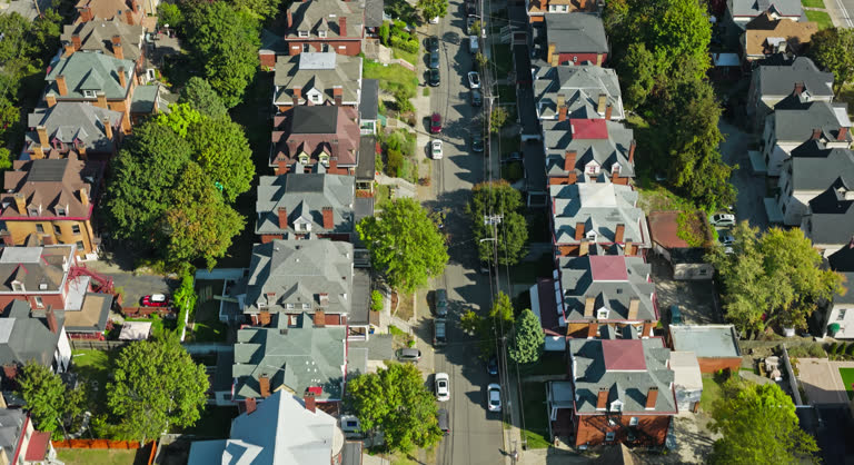 Overhead Drone Flight over Residential Street in Friendship, Pittsburgh