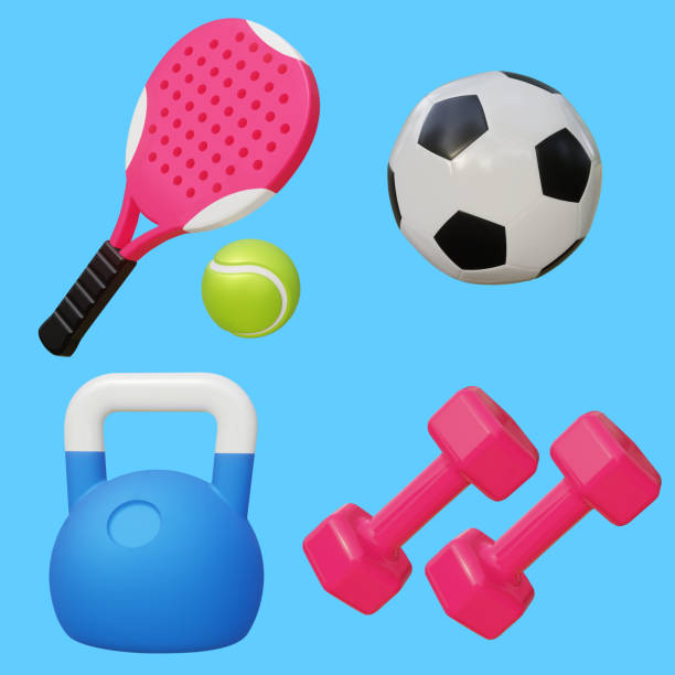 istock Set 3d sport icon equipment. Vector illustration. Set include pink paddle tennis racket and green tennis ball, soccer ball, dumbbells, kettlebell 1885440648