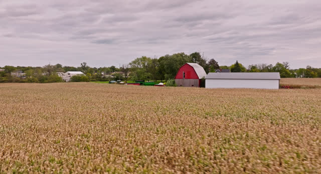 Drone Flight over Crops in a Field Panning Right on Barn in Small Ohioan Village in Ottawa County