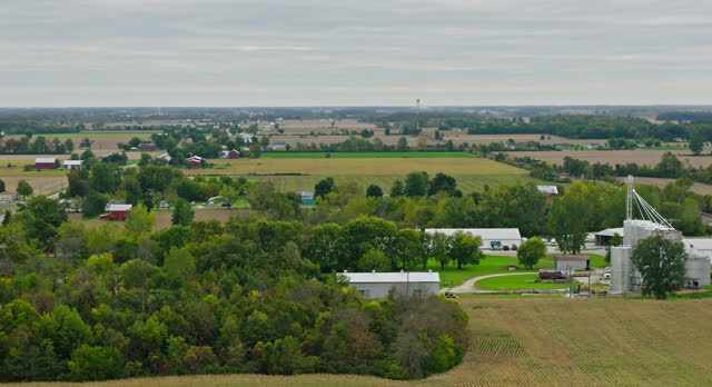 Leftward Aerial Shot of Agricultural Fields in Oak Harbor, Ottawa County, Ohio