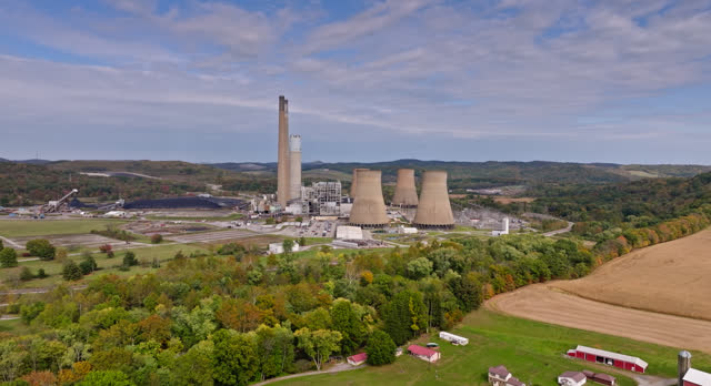 Leftward Orbiting Aerial of Coal Power Plant near Shelocta, Pennsylvania on Cloudy Day