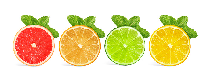 Fresh citrus fruits and green mint isolated on white, collection